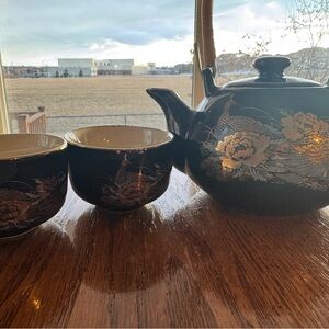 Vintage Japanese Black and Gold Tea Set with two cups
